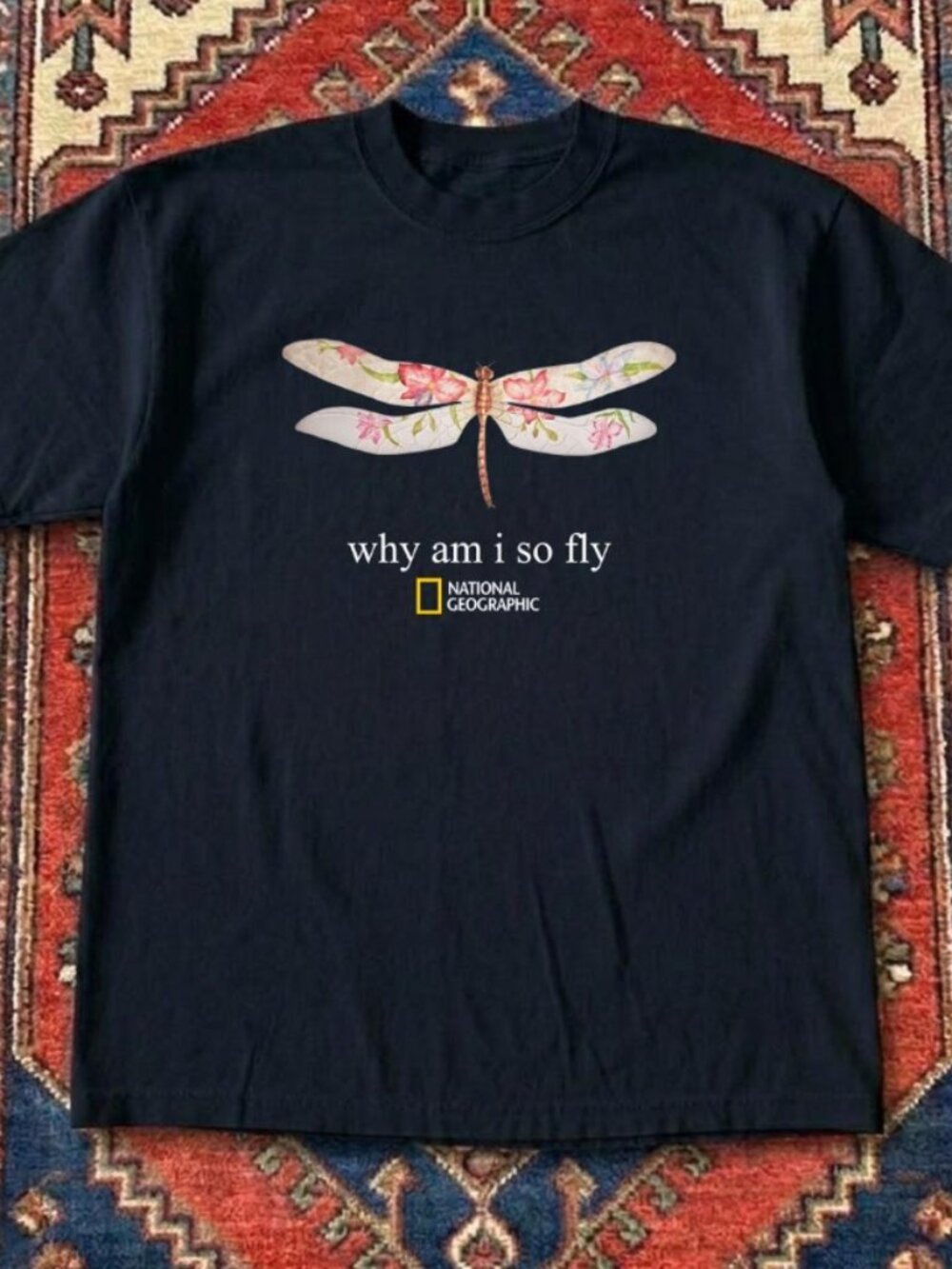 National Geographic "Why am I so fly" black t-shirt with dragonfly graphic